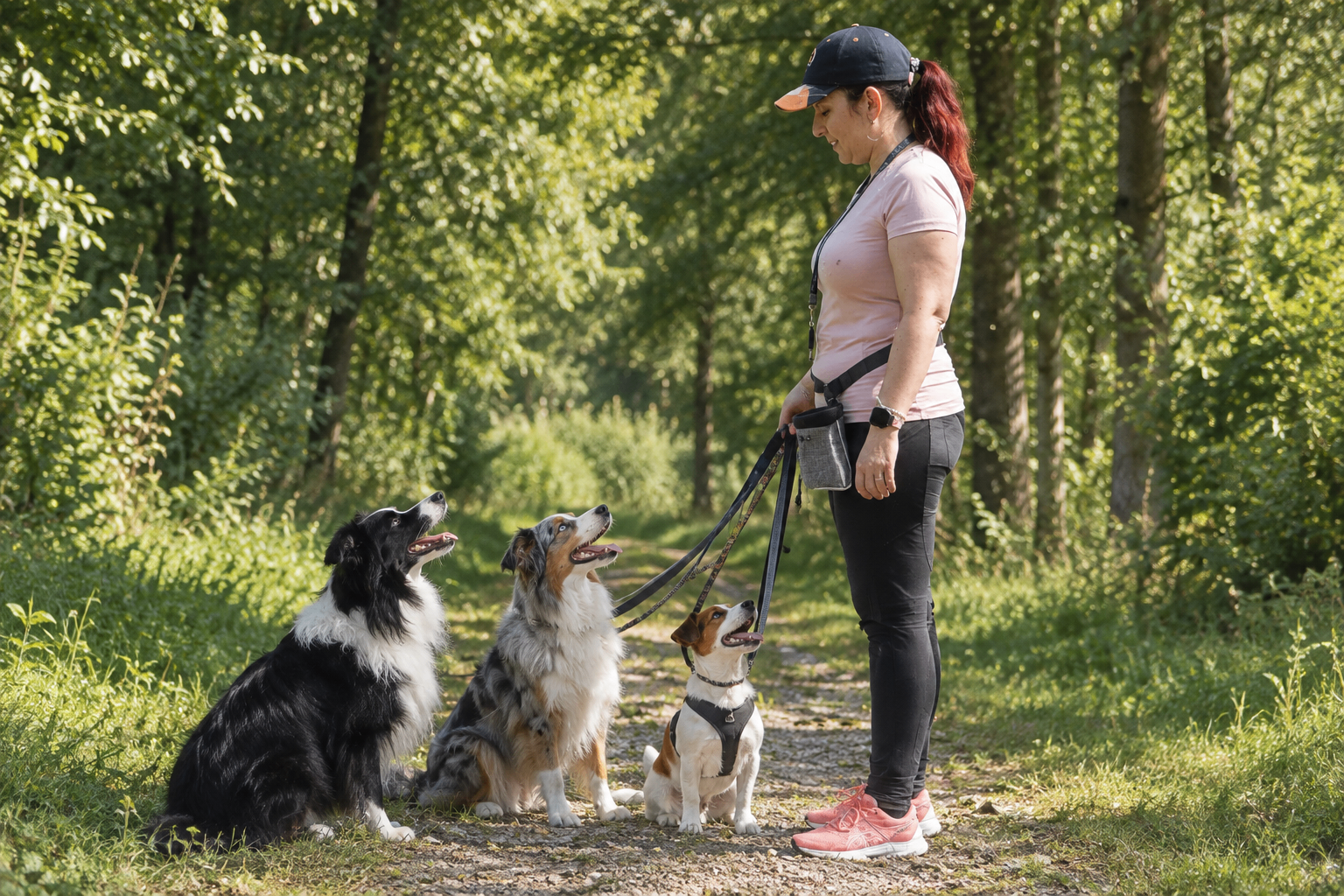 Laetitia en promenade avec trois chiens en laisse sur un chemin boisé
